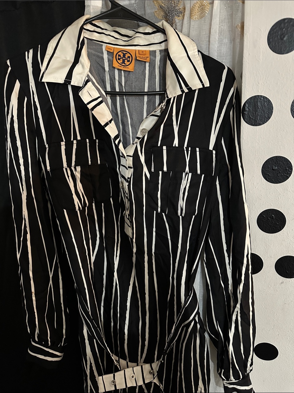Tory Burch Black and White Vertical Stripe Button-Down Shirt